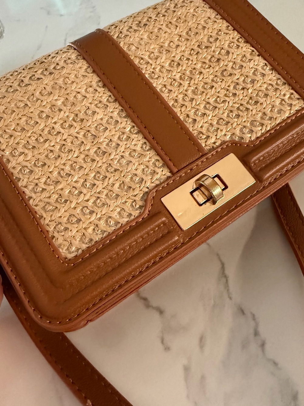 Woven Straw and Brown Faux Leather Mini Crossbody Bag